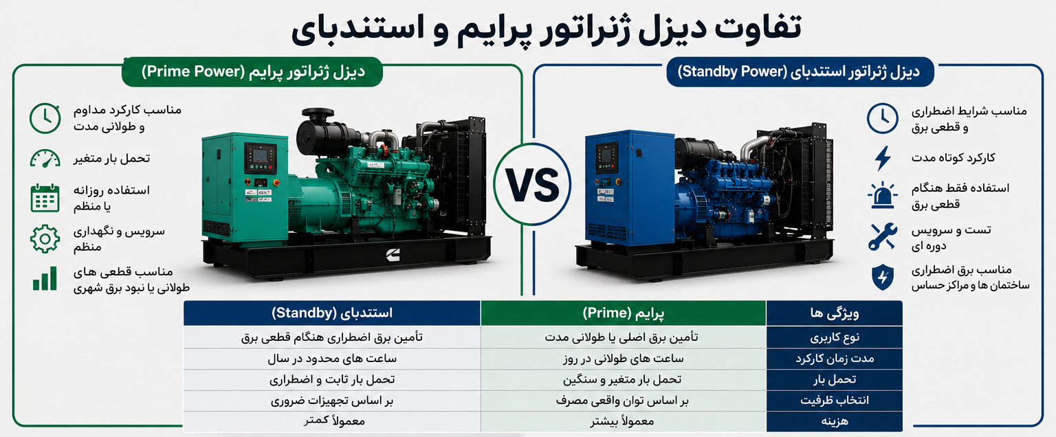 تفاوت دیزل ژنراتور پرایم و استندبای